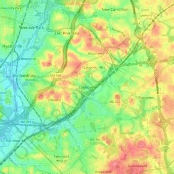 Mapa topográfico Landover, altitud, relieve