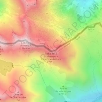 Mapa topográfico Cime Scandaillière, altitud, relieve