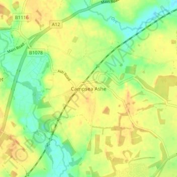 Mapa topográfico Campsea Ashe, altitud, relieve