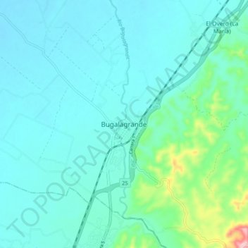 Mapa topográfico Bugalagrande, altitud, relieve
