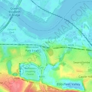Mapa topográfico Greenhithe, altitud, relieve