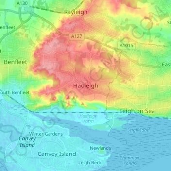 Mapa topográfico Hadleigh, altitud, relieve