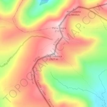 Mapa topográfico Peña Trevinca, altitud, relieve