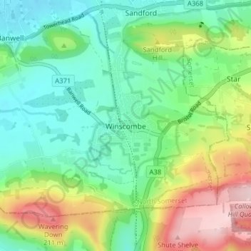 Mapa topográfico Winscombe, altitud, relieve