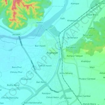 Mapa topográfico Rupnagar, altitud, relieve