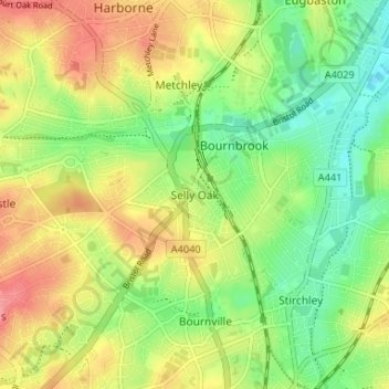 Mapa topográfico Selly Oak, altitud, relieve
