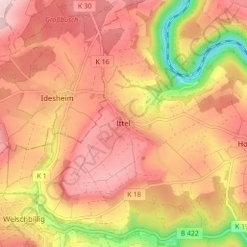 Mapa topográfico Ittel, altitud, relieve