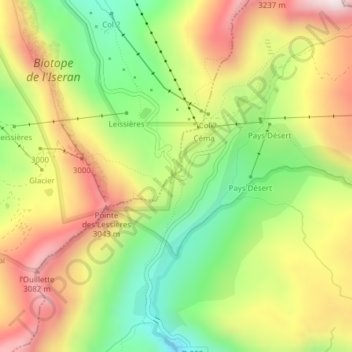 Mapa topográfico Col de l'Iseran, altitud, relieve
