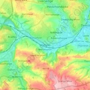 Mapa topográfico Mirfield, altitud, relieve