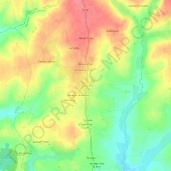 Mapa topográfico Tourc'h, altitud, relieve