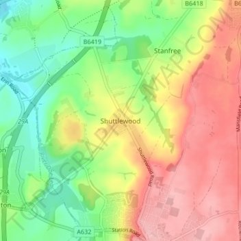 Mapa topográfico Shuttlewood, altitud, relieve