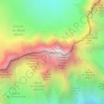 Mapa topográfico Grandes Jorasses/ Pointe Whymper, altitud, relieve