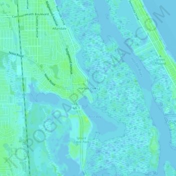 Mapa topográfico Harbor Oaks, altitud, relieve