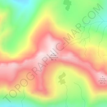 Mapa topográfico Druim Shionnach, altitud, relieve