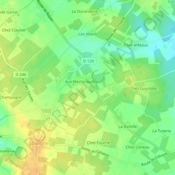 Mapa topográfico Aux Chataigniers, altitud, relieve