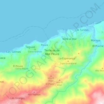 Mapa topográfico Terrazas de Alto Picure, altitud, relieve
