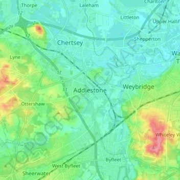 Mapa topográfico Addlestone, altitud, relieve
