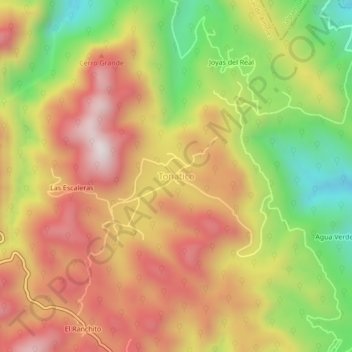 Mapa topográfico Tonatico, altitud, relieve