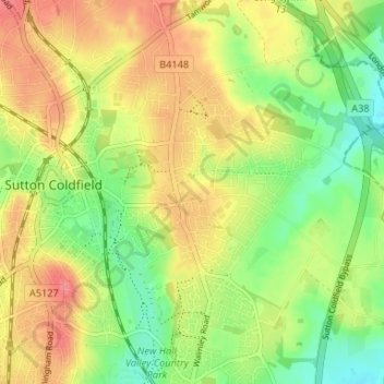 Mapa topográfico Reddicap Heath, altitud, relieve