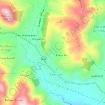 Mapa topográfico Pisicaz Bajo, altitud, relieve