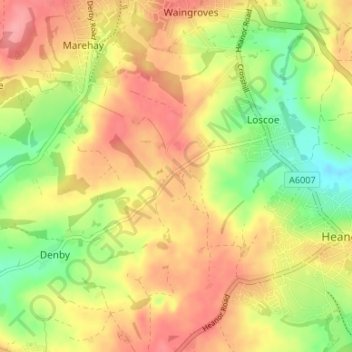 Mapa topográfico Denby Common, altitud, relieve