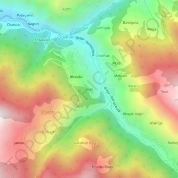 Mapa topográfico Jhutli, altitud, relieve