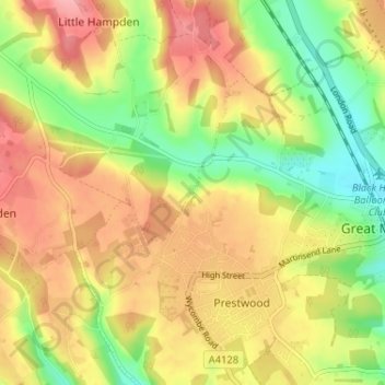 Mapa topográfico Hotley Bottom, altitud, relieve
