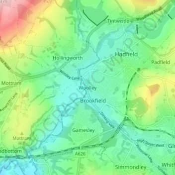 Mapa topográfico Woolley, altitud, relieve