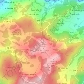 Mapa topográfico A Ferreira, altitud, relieve