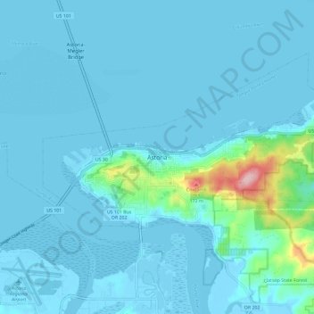Mapa topográfico Astoria, altitud, relieve