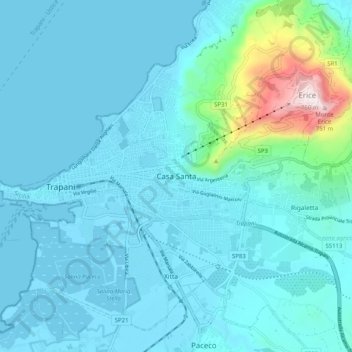 Mapa topográfico Casa Santa, altitud, relieve