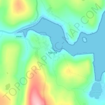 Mapa topográfico Mid Yell, altitud, relieve