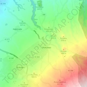 Mapa topográfico Makawao, altitud, relieve