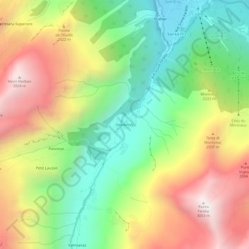 Mapa topográfico Valnontey, altitud, relieve