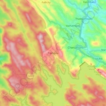 Mapa topográfico Painavu, altitud, relieve