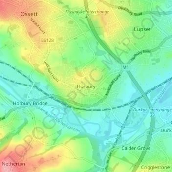 Mapa topográfico Horbury, altitud, relieve
