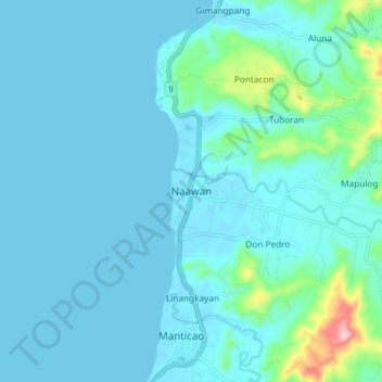 Mapa topográfico Naawan, altitud, relieve