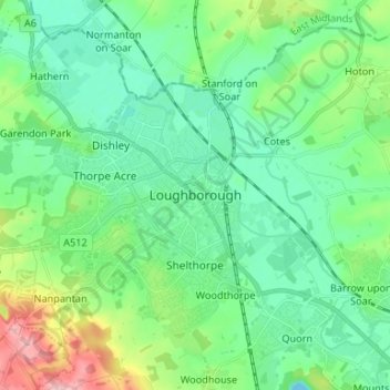 Mapa topográfico Loughborough, altitud, relieve