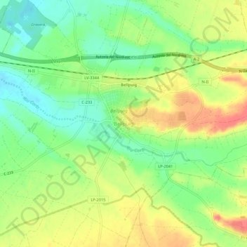 Mapa topográfico Bellpuig, altitud, relieve