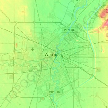 Mapa topográfico Winnipeg, altitud, relieve