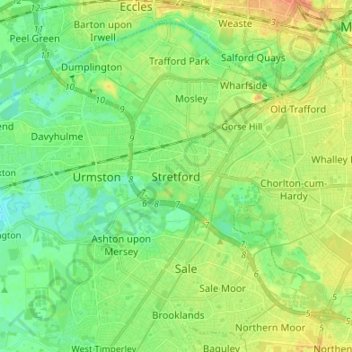 Mapa topográfico Stretford, altitud, relieve