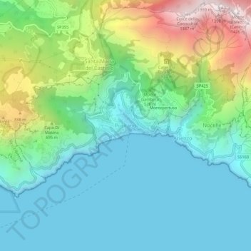 Mapa topográfico Positano, altitud, relieve