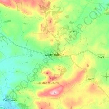 Mapa topográfico Oldmeldrum, altitud, relieve