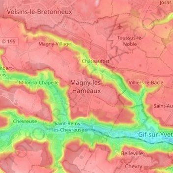 Mapa topográfico Magny-les-Hameaux, altitud, relieve