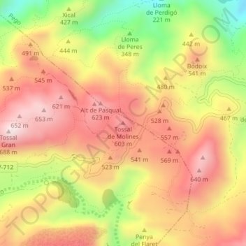 Mapa topográfico Tossal de Molines, altitud, relieve