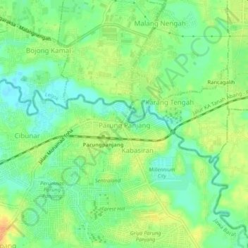 Mapa topográfico Parung Panjang, altitud, relieve
