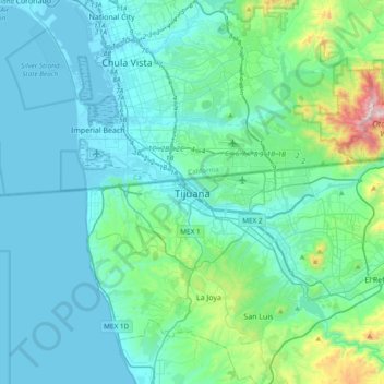 Mapa topográfico Tijuana, altitud, relieve