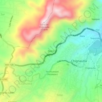 Mapa topográfico Analco, altitud, relieve