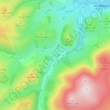 Mapa topográfico Hethpool, altitud, relieve