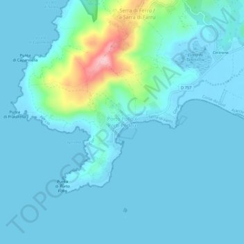Mapa topográfico Porto Pollo, altitud, relieve